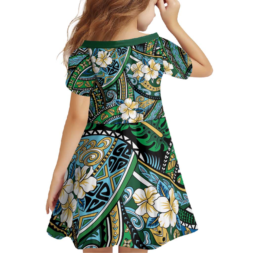 Polynesian Hibiscus Tropical Green Floral Family Matching Short Sleeve Bodycon Dress and Hawaiian Shirt Tribal Pattern - Polynesian Pride