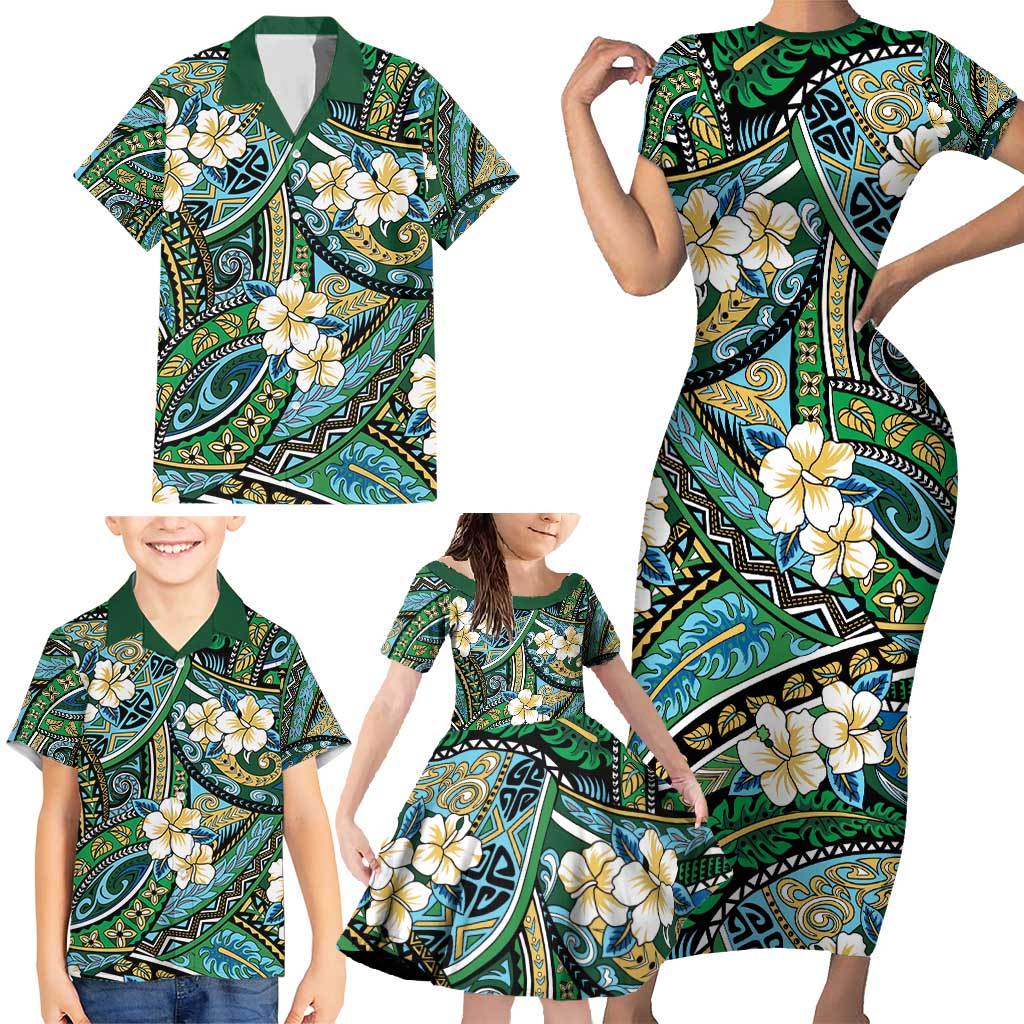 Polynesian Hibiscus Tropical Green Floral Family Matching Short Sleeve Bodycon Dress and Hawaiian Shirt Tribal Pattern - Polynesian Pride