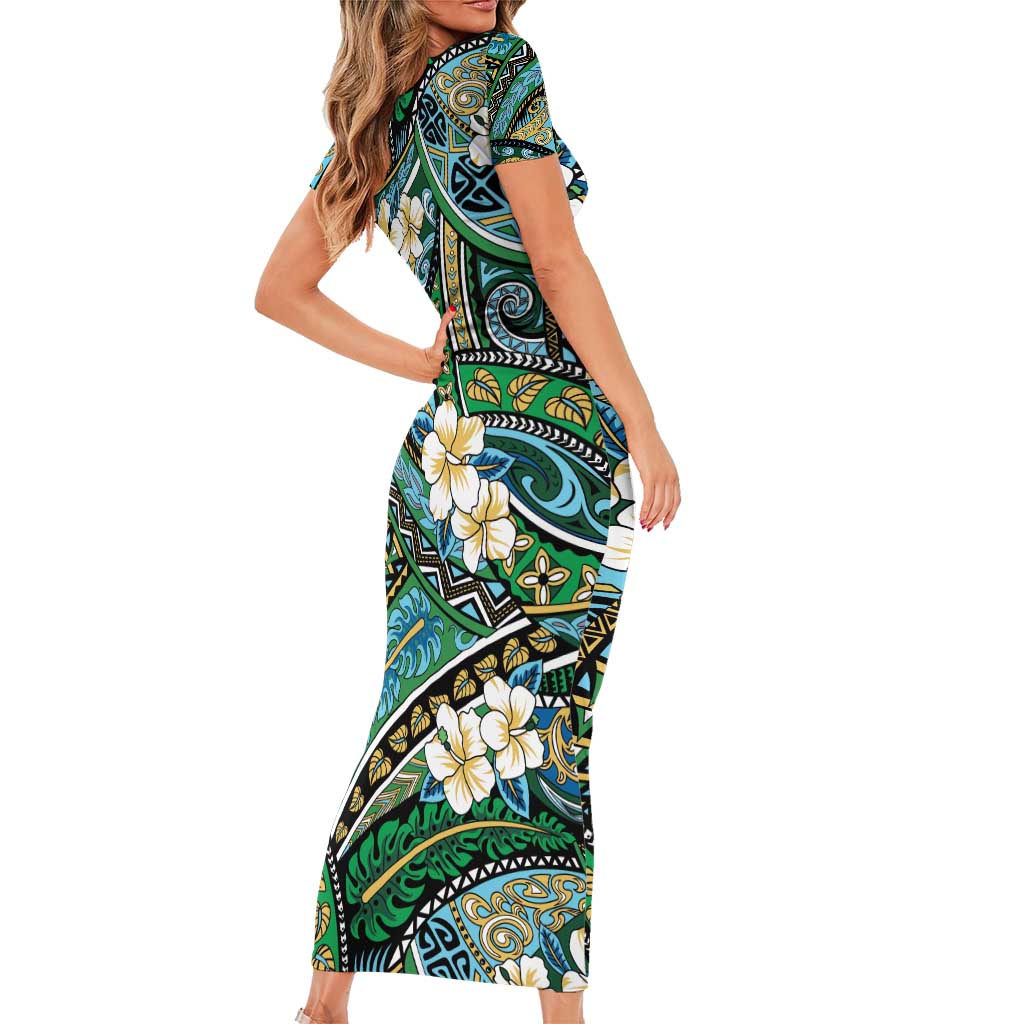 Polynesian Hibiscus Tropical Green Floral Family Matching Short Sleeve Bodycon Dress and Hawaiian Shirt Tribal Pattern - Polynesian Pride