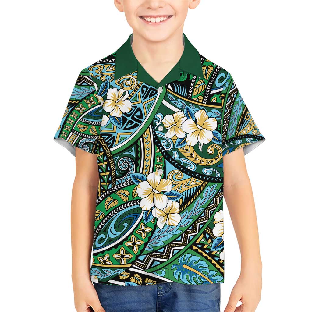 Polynesian Hibiscus Tropical Green Floral Family Matching Short Sleeve Bodycon Dress and Hawaiian Shirt Tribal Pattern - Polynesian Pride