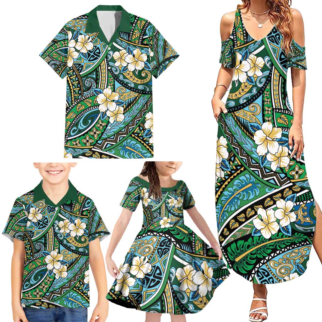Polynesian Hibiscus Tropical Green Floral Family Matching Summer Maxi Dress and Hawaiian Shirt Tribal Pattern - Polynesian Pride