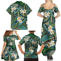 Polynesian Hibiscus Tropical Green Floral Family Matching Summer Maxi Dress and Hawaiian Shirt Tribal Pattern - Polynesian Pride