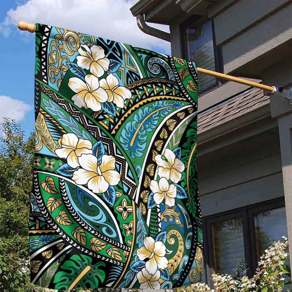 Polynesian Hibiscus Tropical Green Floral Garden Flag Tribal Pattern - Polynesian Pride