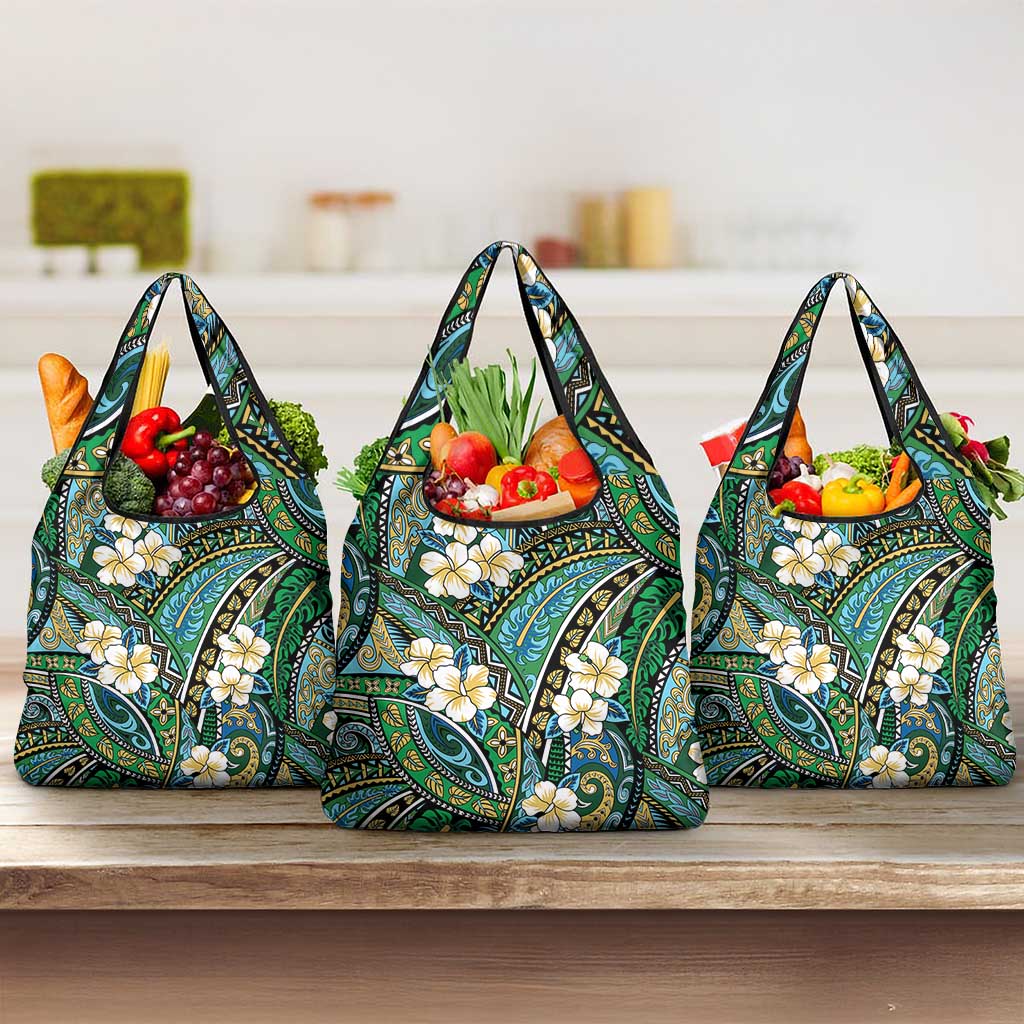 Polynesian Hibiscus Tropical Green Floral Grocery Bag Tribal Pattern LT01 3-pack One Size Green - Polynesian Pride