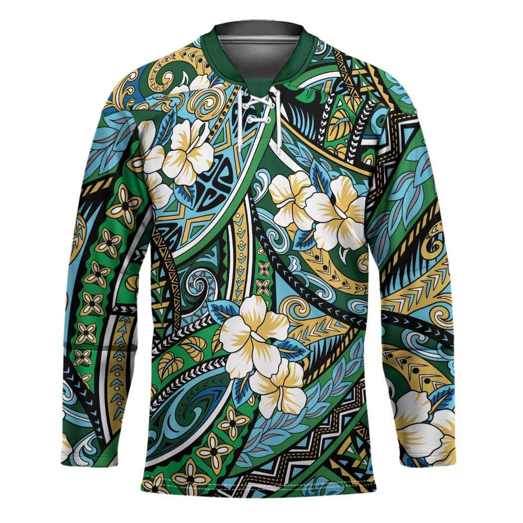 Polynesian Hibiscus Tropical Green Floral Hockey Jersey Tribal Pattern LT01 Unisex Green - Polynesian Pride