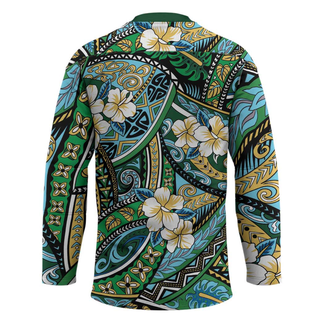 Polynesian Hibiscus Tropical Green Floral Hockey Jersey Tribal Pattern LT01 - Polynesian Pride