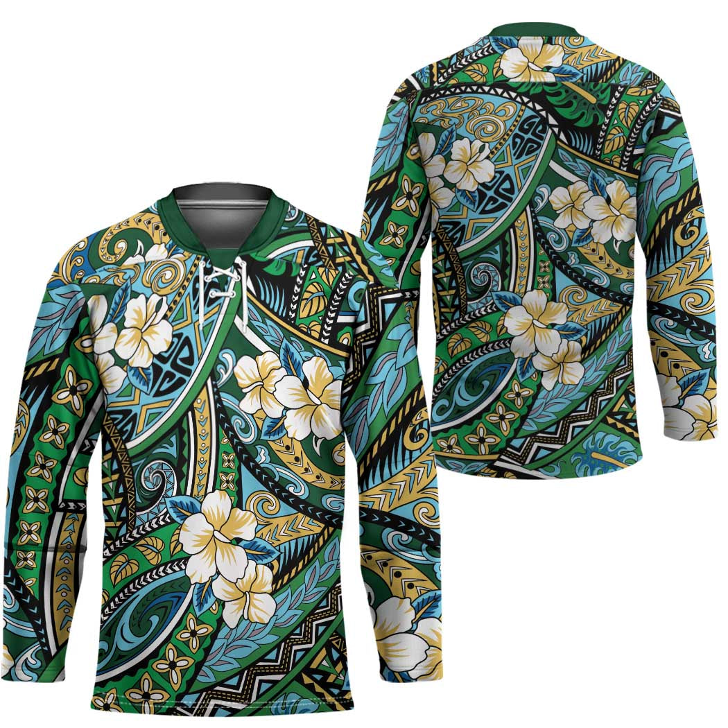 Polynesian Hibiscus Tropical Green Floral Hockey Jersey Tribal Pattern LT01 - Polynesian Pride