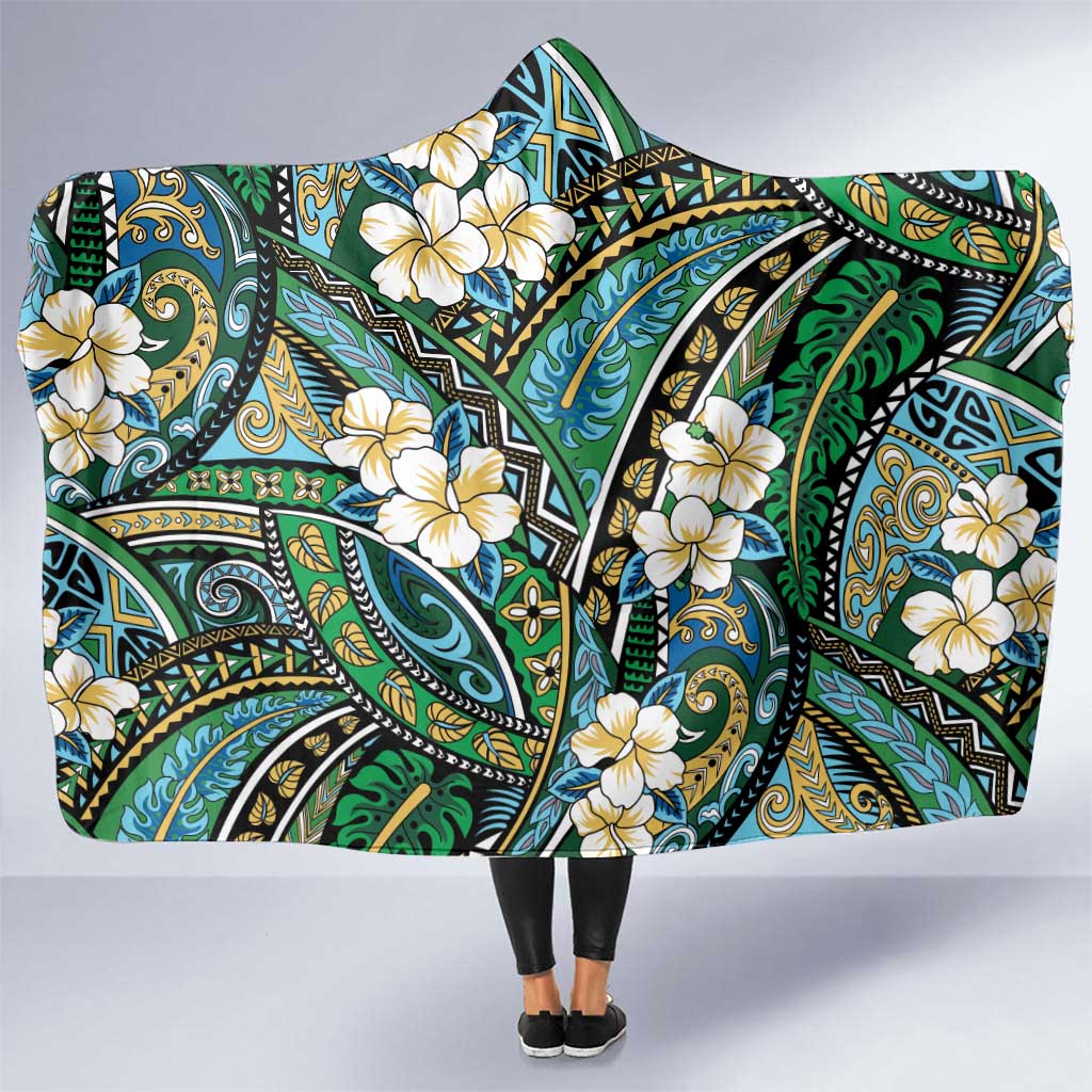 Polynesian Hibiscus Tropical Green Floral Hooded Blanket Tribal Pattern - Polynesian Pride