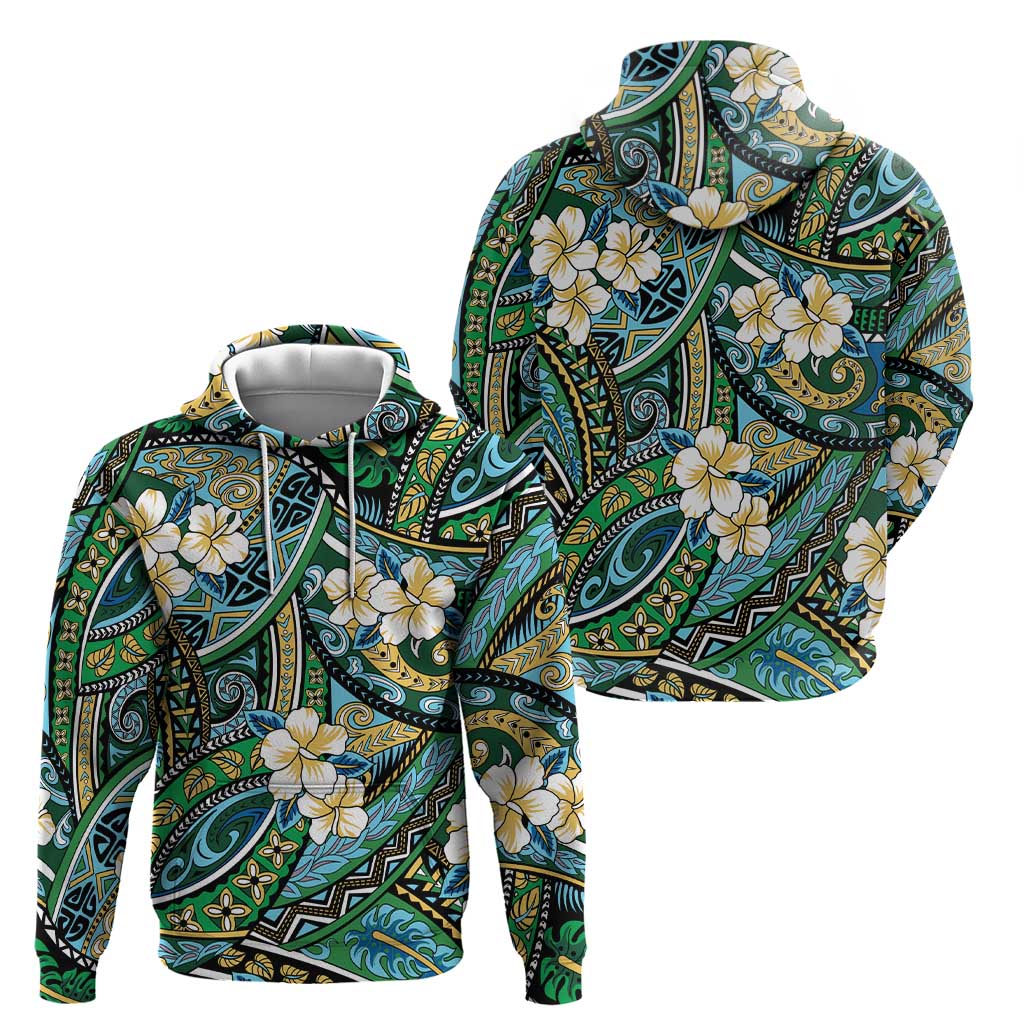 Polynesian Hibiscus Tropical Green Floral Hoodie Tribal Pattern - Polynesian Pride