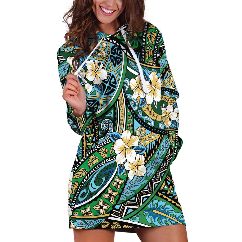 Polynesian Hibiscus Tropical Green Floral Hoodie Dress Tribal Pattern LT01 Green - Polynesian Pride