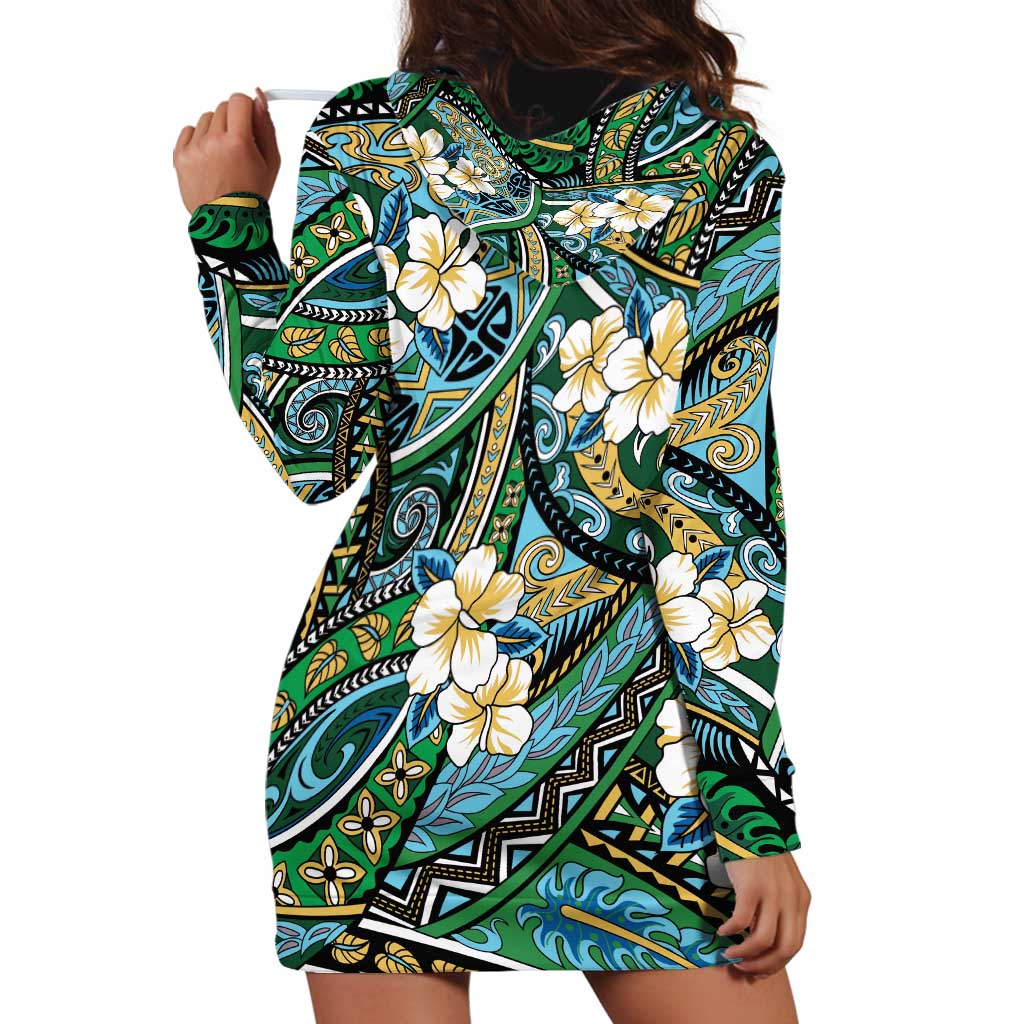 Polynesian Hibiscus Tropical Green Floral Hoodie Dress Tribal Pattern LT01 - Polynesian Pride