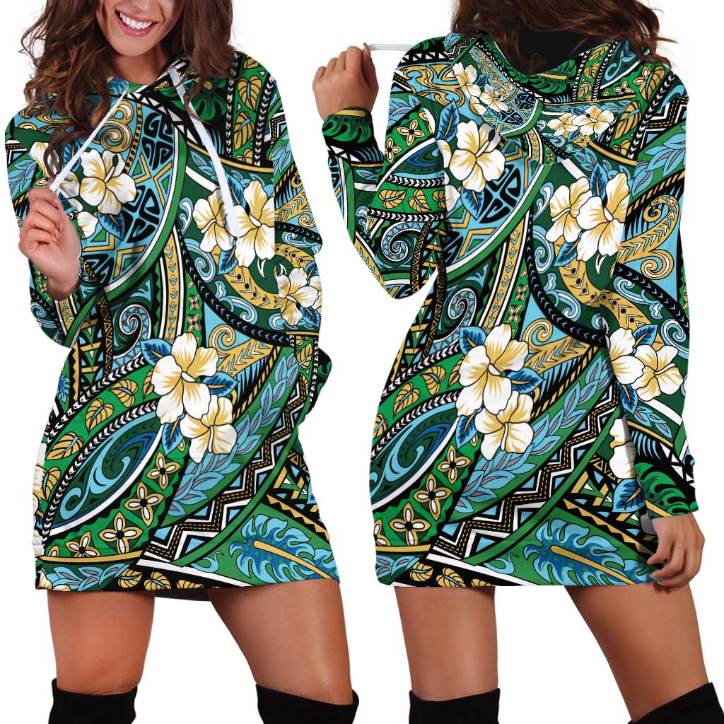 Polynesian Hibiscus Tropical Green Floral Hoodie Dress Tribal Pattern LT01 - Polynesian Pride