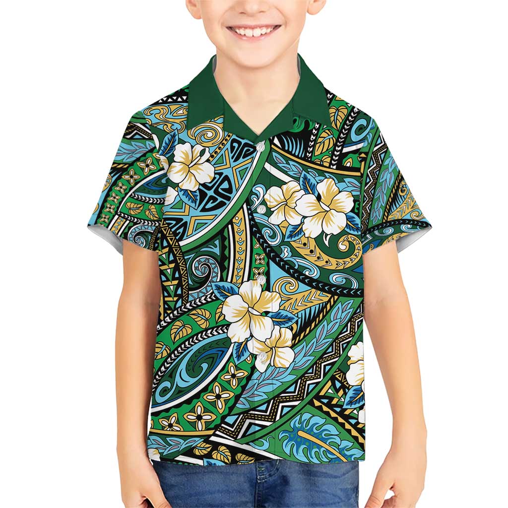 Polynesian Hibiscus Tropical Green Floral Kid Hawaiian Shirt Tribal Pattern - Polynesian Pride