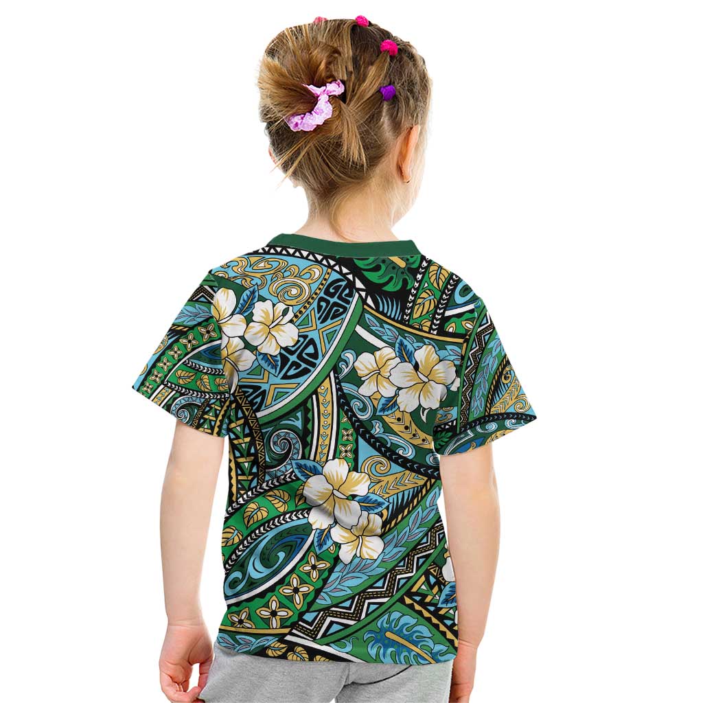 Polynesian Hibiscus Tropical Green Floral Kid T Shirt Tribal Pattern - Polynesian Pride