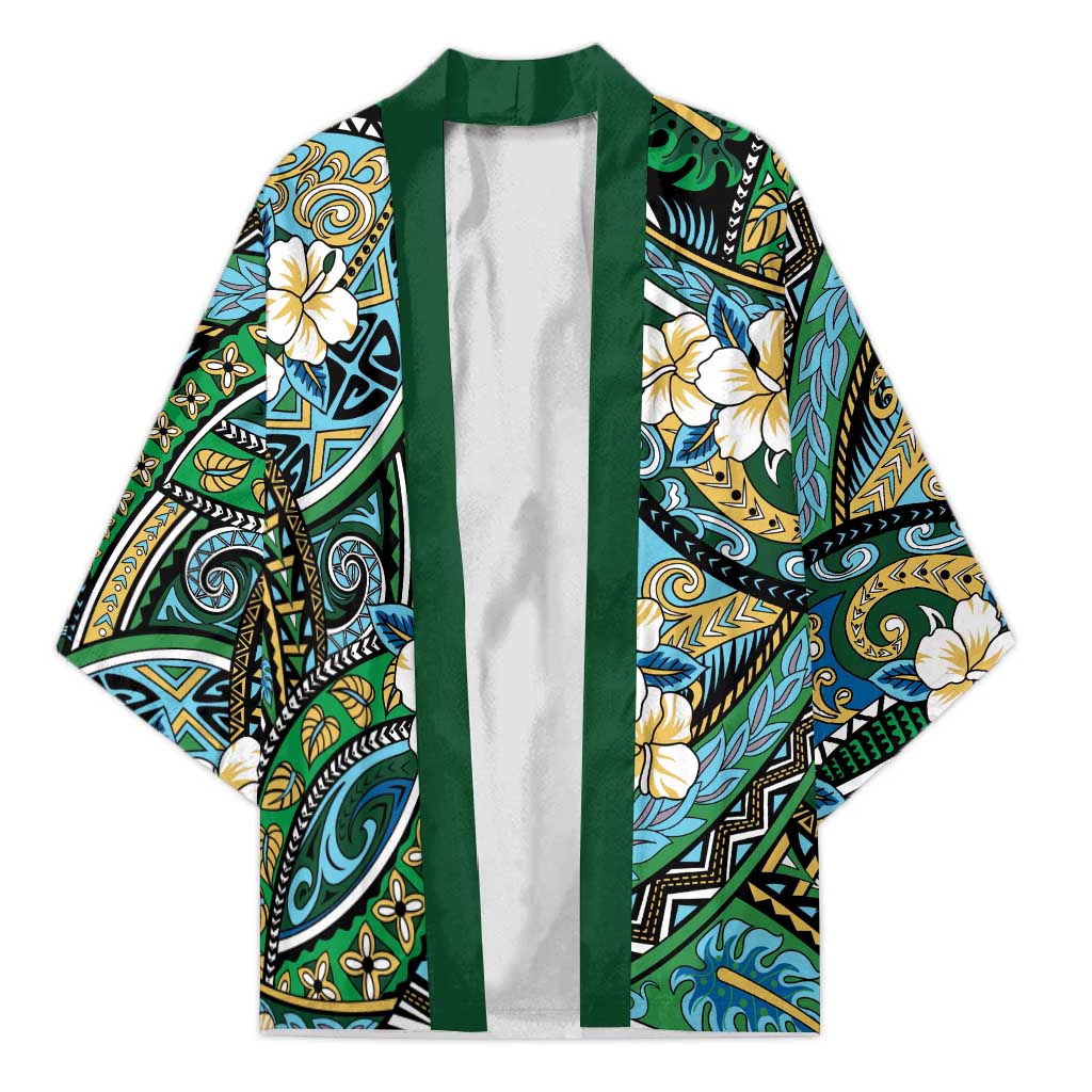 Polynesian Hibiscus Tropical Green Floral Kimono Tribal Pattern - Polynesian Pride