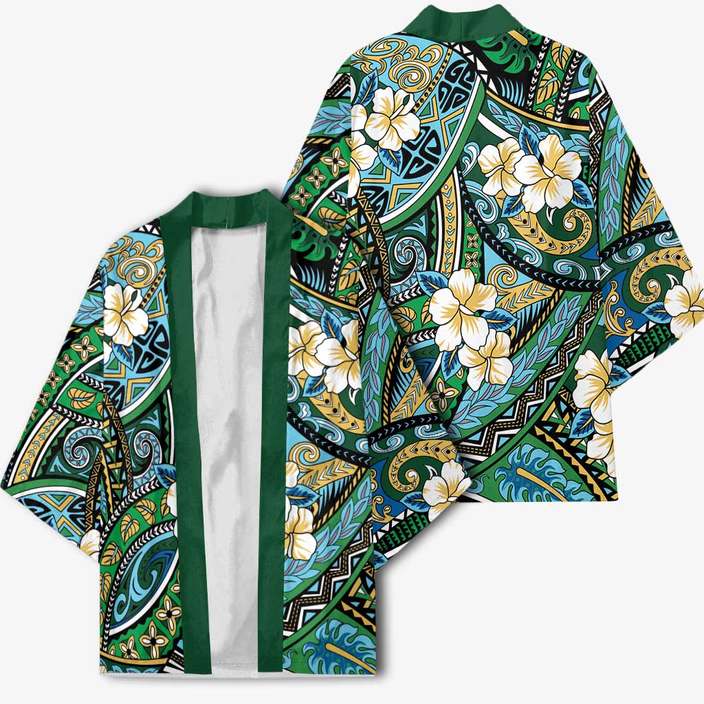 Polynesian Hibiscus Tropical Green Floral Kimono Tribal Pattern - Polynesian Pride