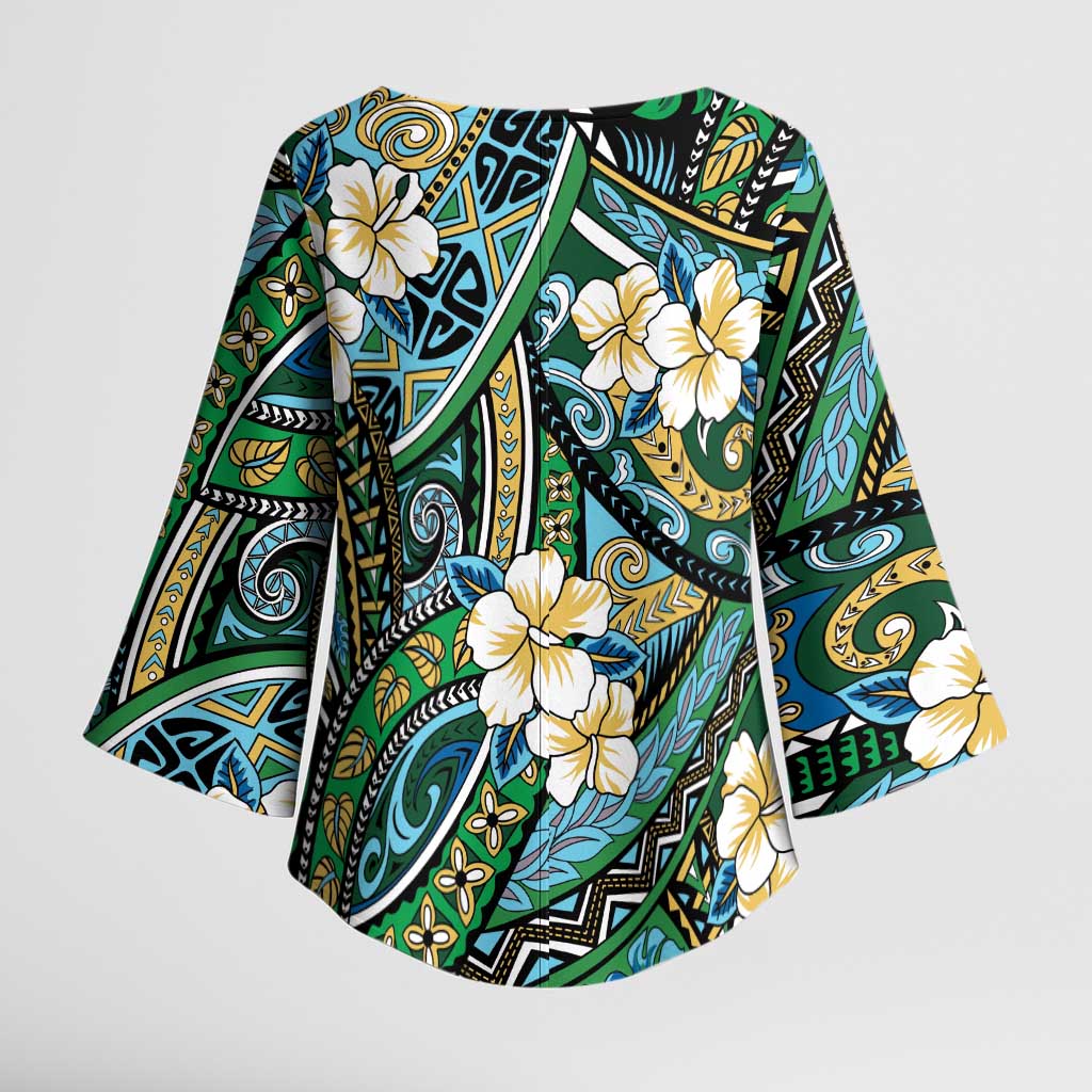 Polynesian Hibiscus Tropical Green Floral Kimono Sleeve Blouse Tribal Pattern - Polynesian Pride