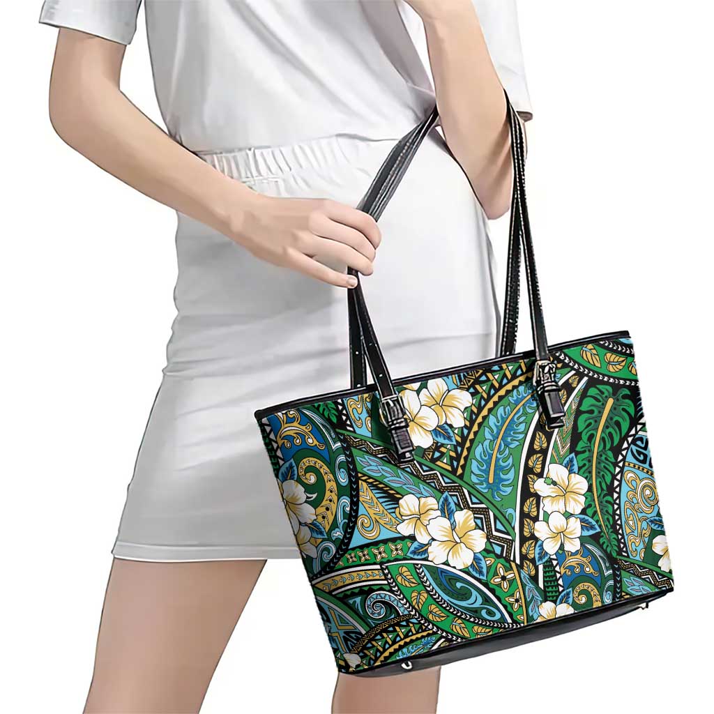 Polynesian Hibiscus Tropical Green Floral Leather Tote Bag Tribal Pattern - Polynesian Pride