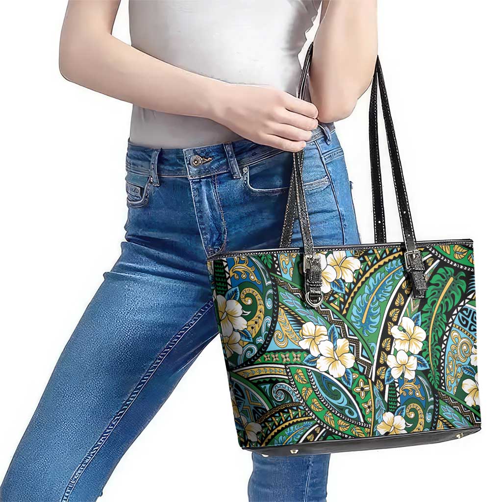 Polynesian Hibiscus Tropical Green Floral Leather Tote Bag Tribal Pattern - Polynesian Pride