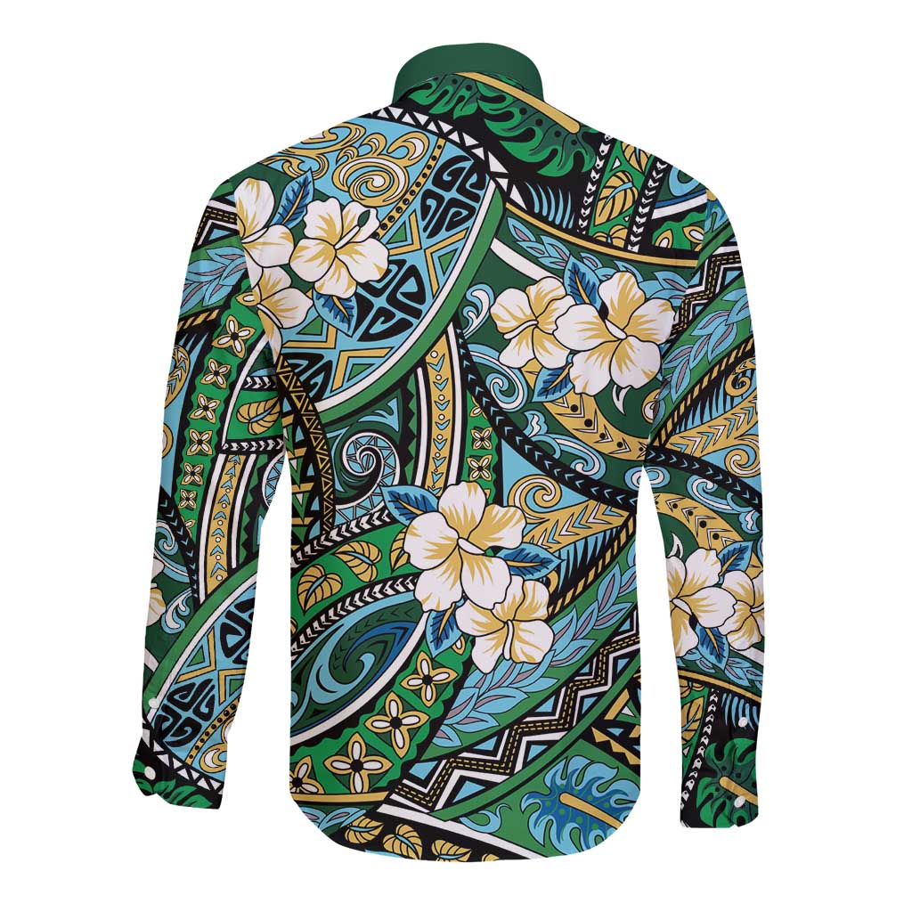Polynesian Hibiscus Tropical Green Floral Long Sleeve Button Shirt Tribal Pattern LT01 - Polynesian Pride