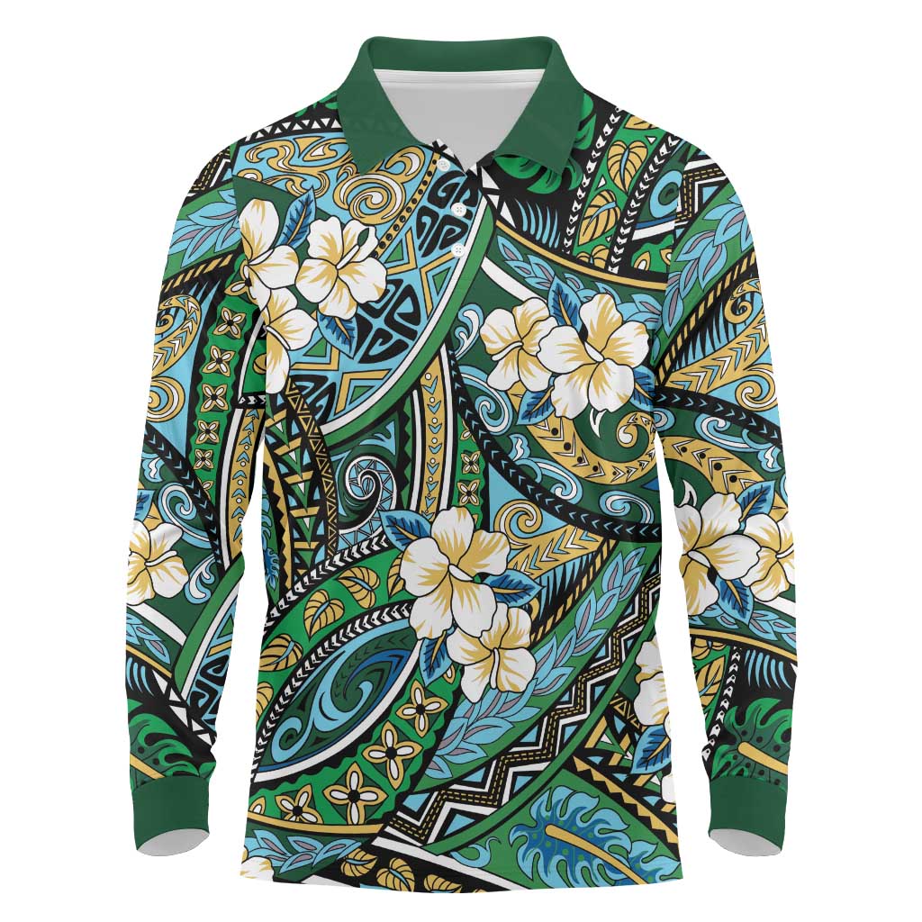 Polynesian Hibiscus Tropical Green Floral Long Sleeve Polo Shirt Tribal Pattern LT01 Green - Polynesian Pride
