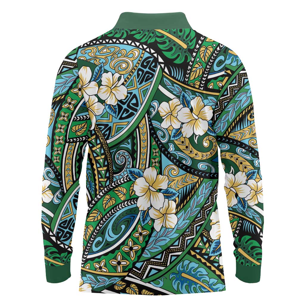 Polynesian Hibiscus Tropical Green Floral Long Sleeve Polo Shirt Tribal Pattern LT01 - Polynesian Pride