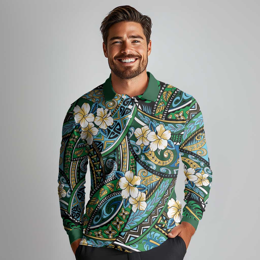 Polynesian Hibiscus Tropical Green Floral Long Sleeve Polo Shirt Tribal Pattern LT01 - Polynesian Pride