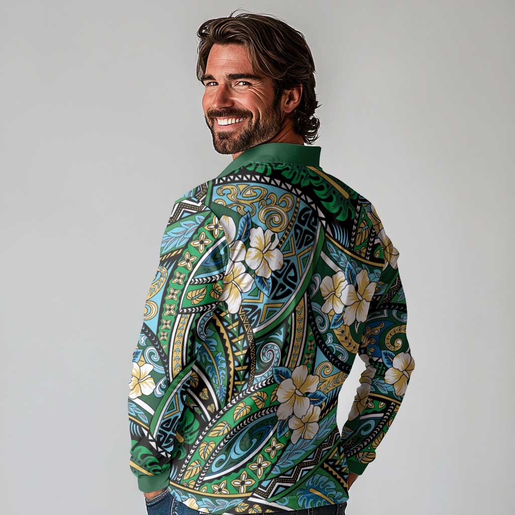 Polynesian Hibiscus Tropical Green Floral Long Sleeve Polo Shirt Tribal Pattern LT01 - Polynesian Pride