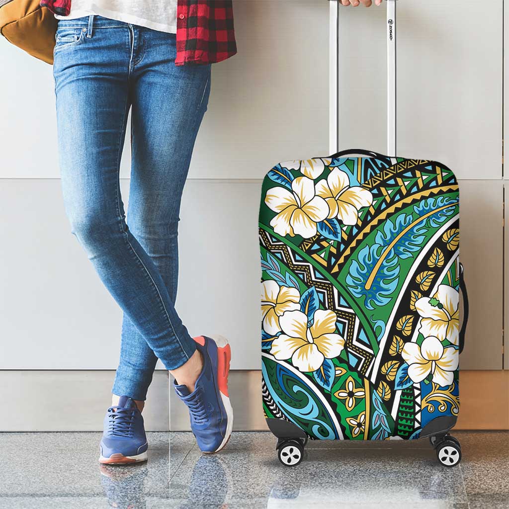 Polynesian Hibiscus Tropical Green Floral Luggage Cover Tribal Pattern - Polynesian Pride