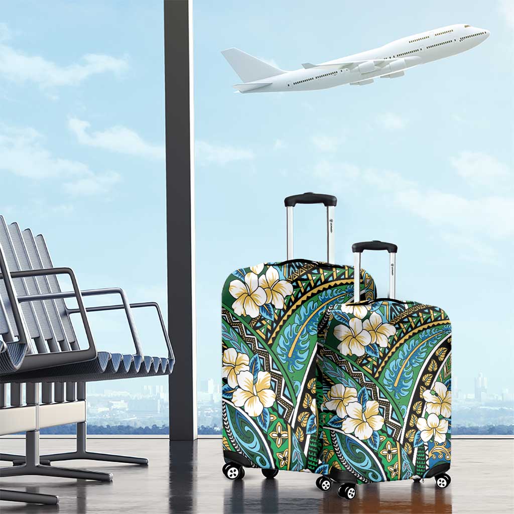Polynesian Hibiscus Tropical Green Floral Luggage Cover Tribal Pattern - Polynesian Pride