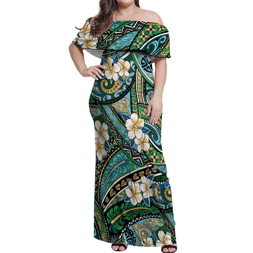 Polynesian Hibiscus Tropical Green Floral Off Shoulder Maxi Dress Tribal Pattern LT01 Women Green - Polynesian Pride
