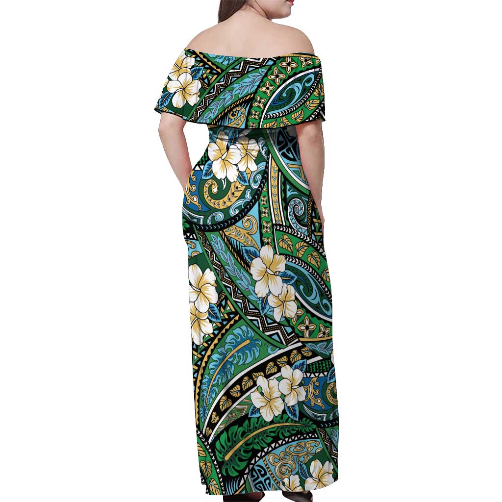 Polynesian Hibiscus Tropical Green Floral Off Shoulder Maxi Dress Tribal Pattern LT01 - Polynesian Pride