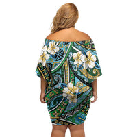 Polynesian Hibiscus Tropical Green Floral Off Shoulder Short Dress Tribal Pattern - Polynesian Pride