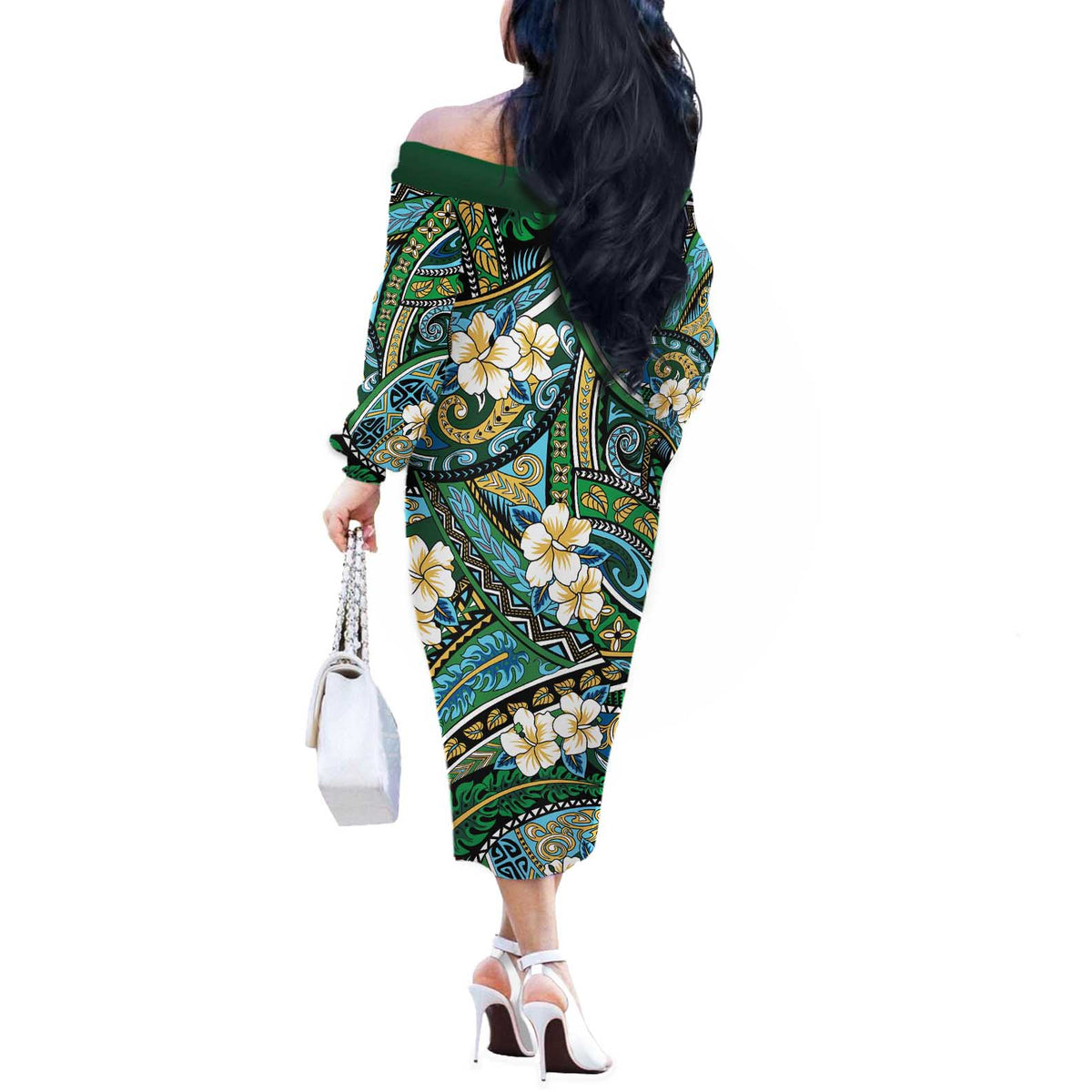 Polynesian Hibiscus Tropical Green Floral Off The Shoulder Long Sleeve Dress Tribal Pattern - Polynesian Pride