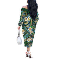 Polynesian Hibiscus Tropical Green Floral Off The Shoulder Long Sleeve Dress Tribal Pattern - Polynesian Pride