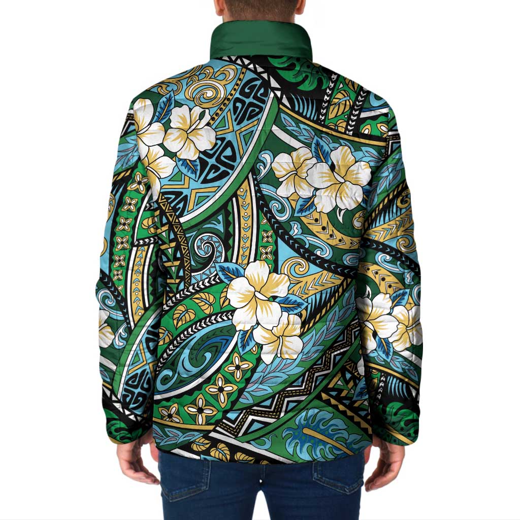 Polynesian Hibiscus Tropical Green Floral Padded Jacket Tribal Pattern LT01 - Polynesian Pride