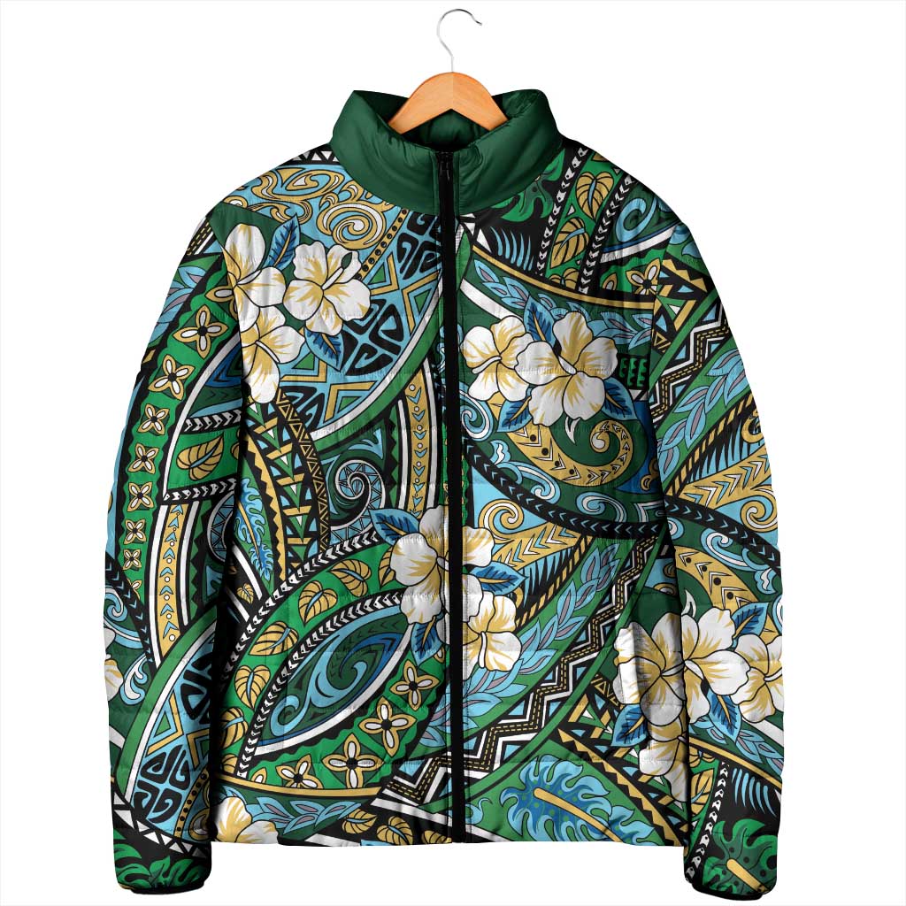 Polynesian Hibiscus Tropical Green Floral Padded Jacket Tribal Pattern LT01 - Polynesian Pride