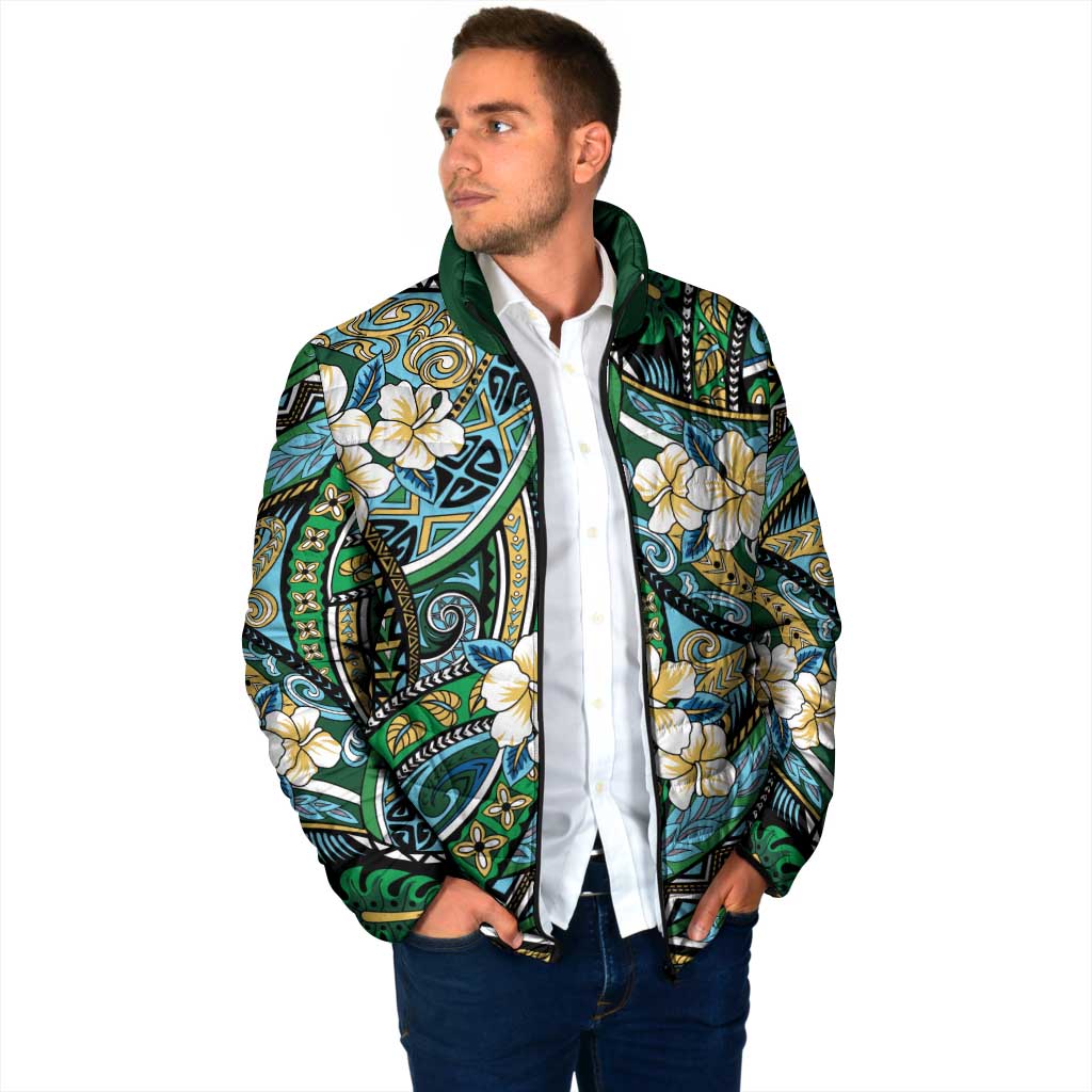Polynesian Hibiscus Tropical Green Floral Padded Jacket Tribal Pattern LT01 - Polynesian Pride