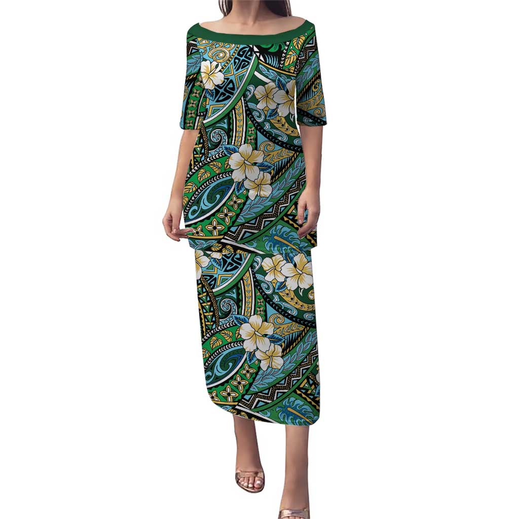 Polynesian Hibiscus Tropical Green Floral Puletasi Tribal Pattern LT01 Long Dress Green - Polynesian Pride