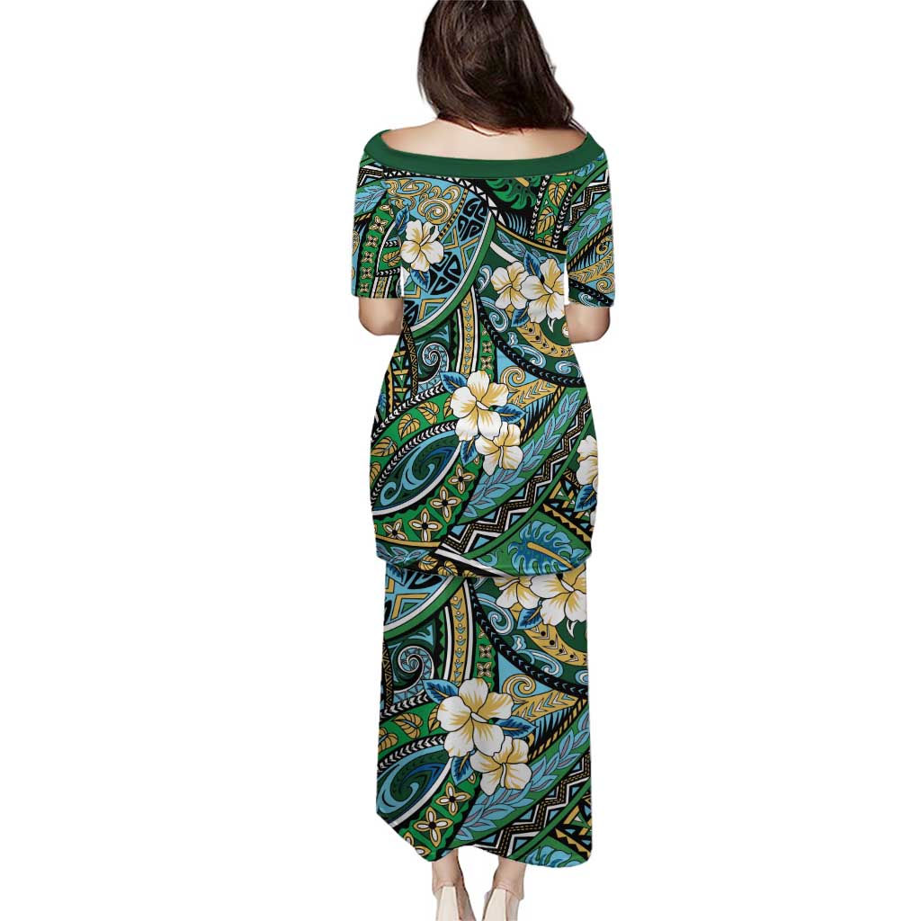 Polynesian Hibiscus Tropical Green Floral Puletasi Tribal Pattern LT01 - Polynesian Pride