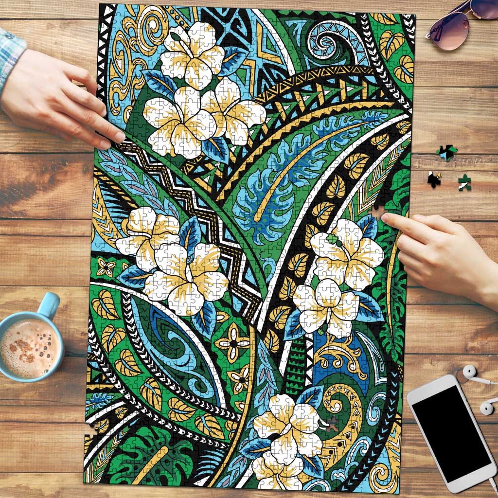Polynesian Hibiscus Tropical Green Floral Puzzle Tribal Pattern LT01 Green - Polynesian Pride