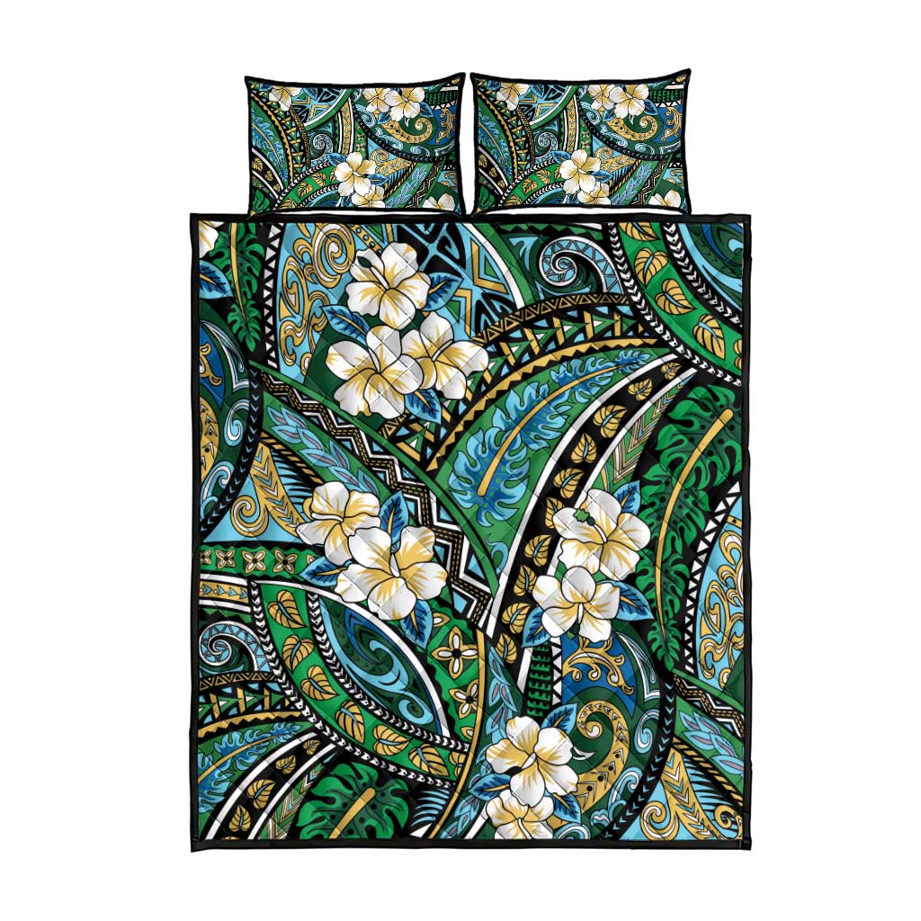 Polynesian Hibiscus Tropical Green Floral Quilt Bed Set Tribal Pattern - Polynesian Pride