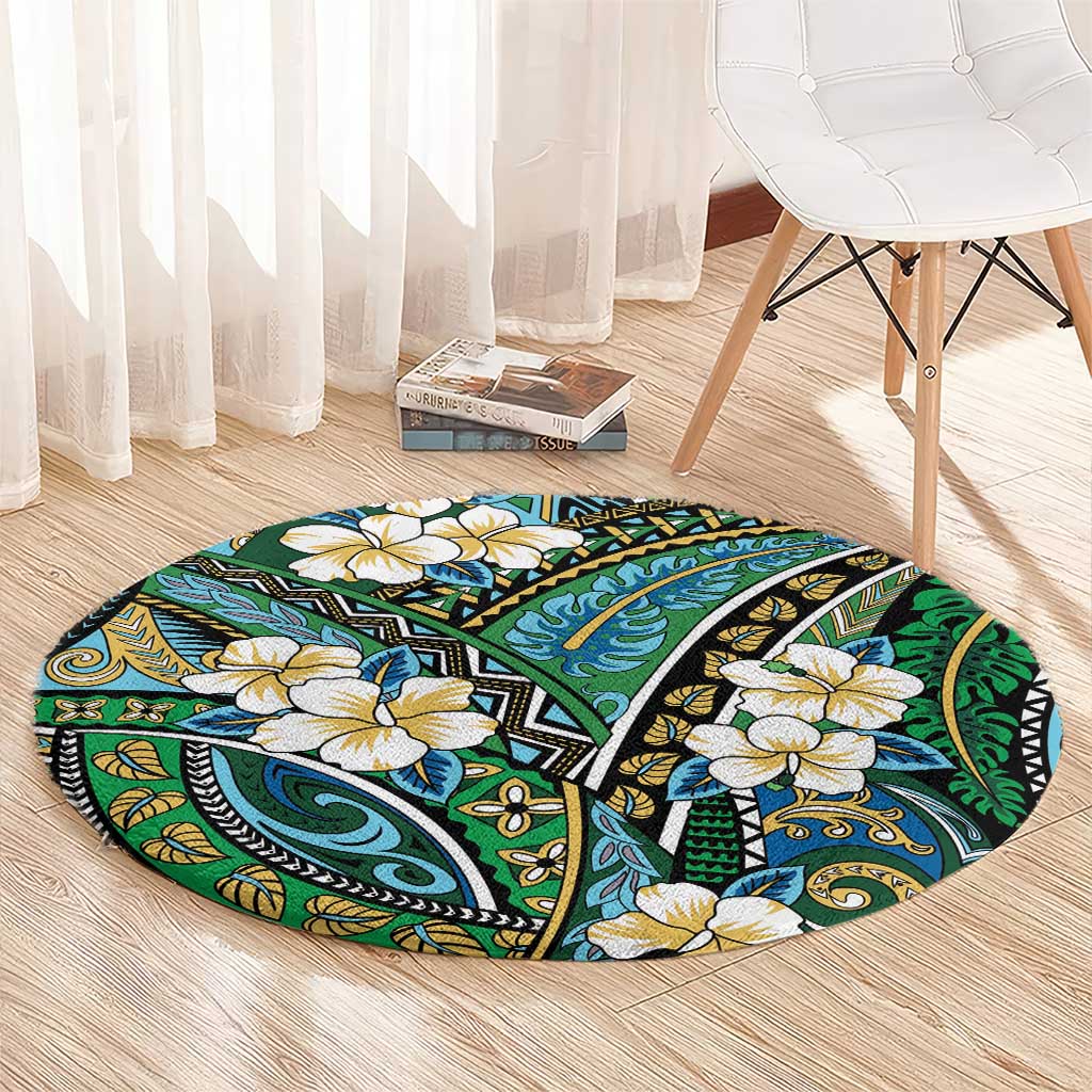 Polynesian Hibiscus Tropical Green Floral Round Carpet Tribal Pattern - Polynesian Pride