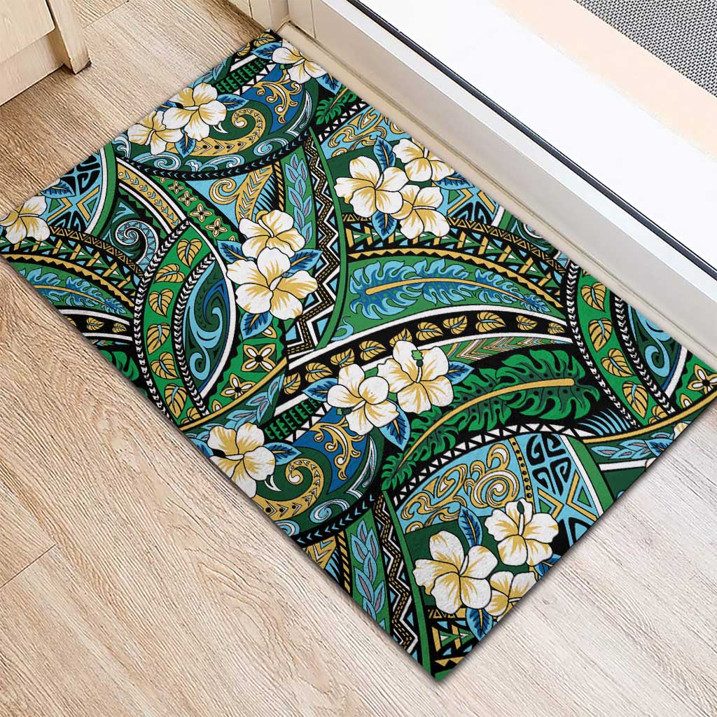 Polynesian Hibiscus Tropical Green Floral Rubber Doormat Tribal Pattern LT01 - Polynesian Pride