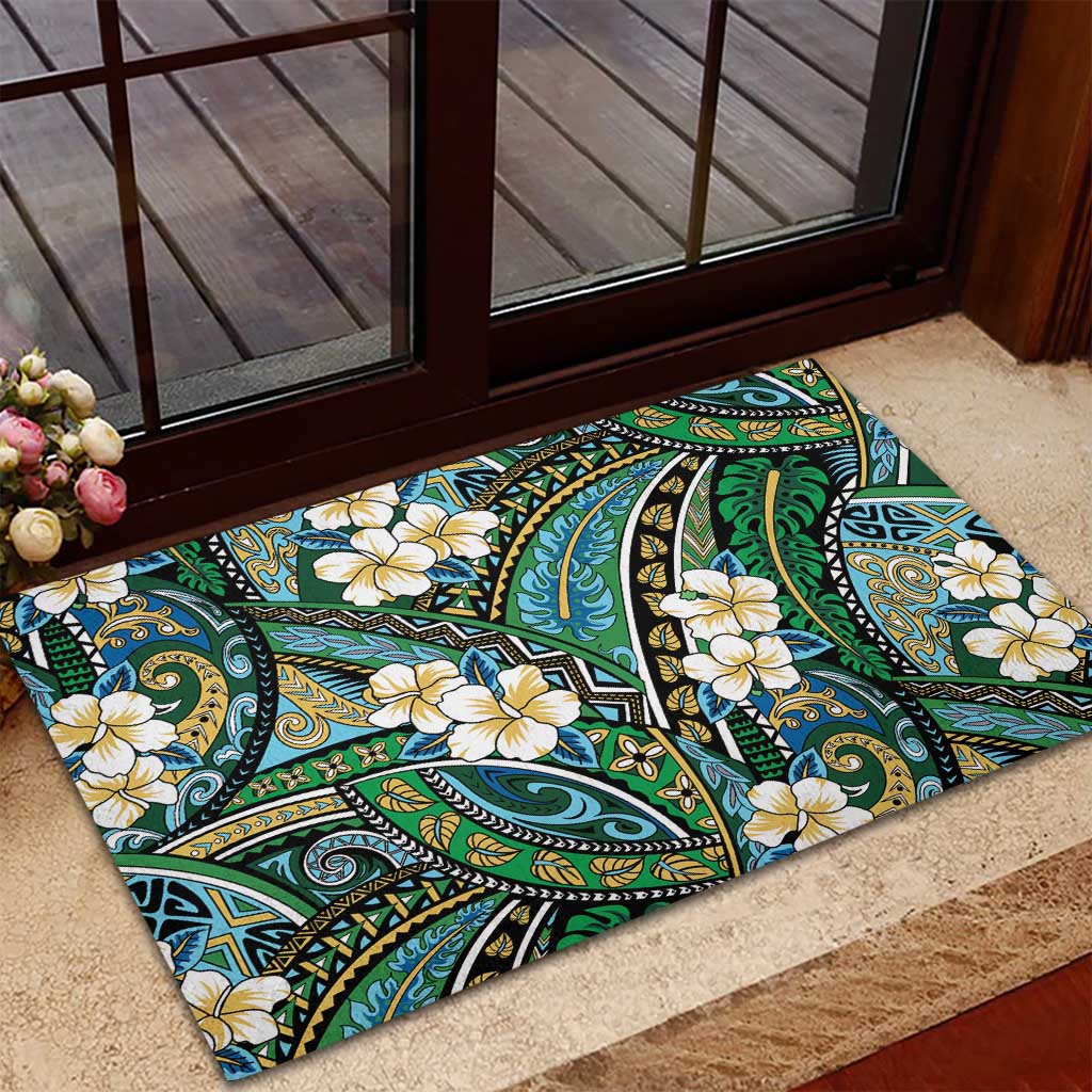 Polynesian Hibiscus Tropical Green Floral Rubber Doormat Tribal Pattern LT01 - Polynesian Pride