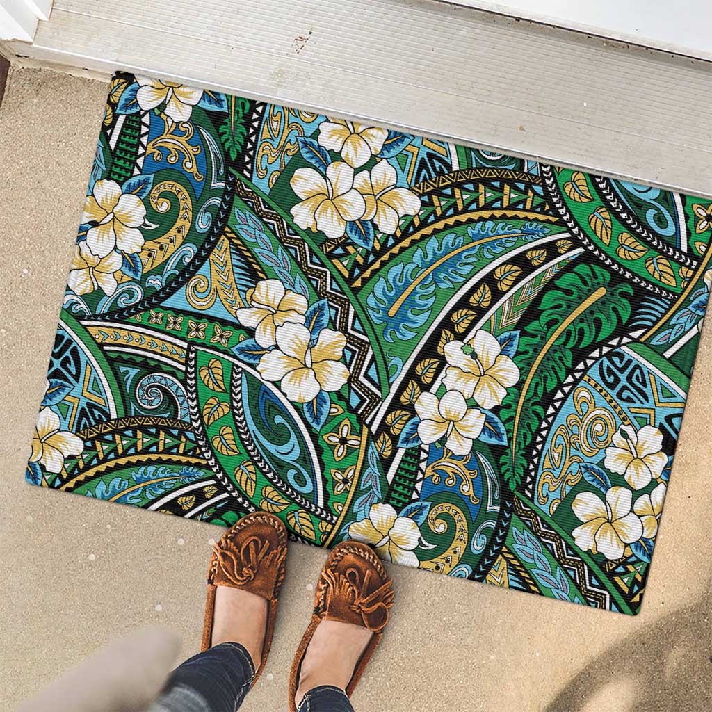 Polynesian Hibiscus Tropical Green Floral Rubber Doormat Tribal Pattern LT01 - Polynesian Pride