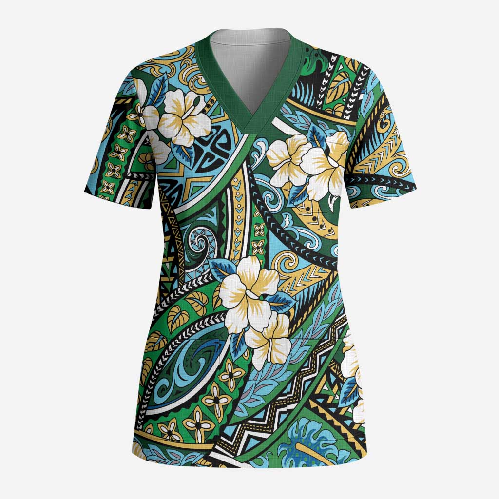Polynesian Hibiscus Tropical Green Floral Scrub Top Tribal Pattern LT01 Adult Green - Polynesian Pride