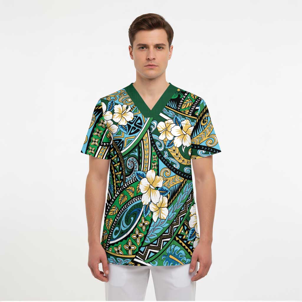 Polynesian Hibiscus Tropical Green Floral Scrub Top Tribal Pattern LT01 - Polynesian Pride
