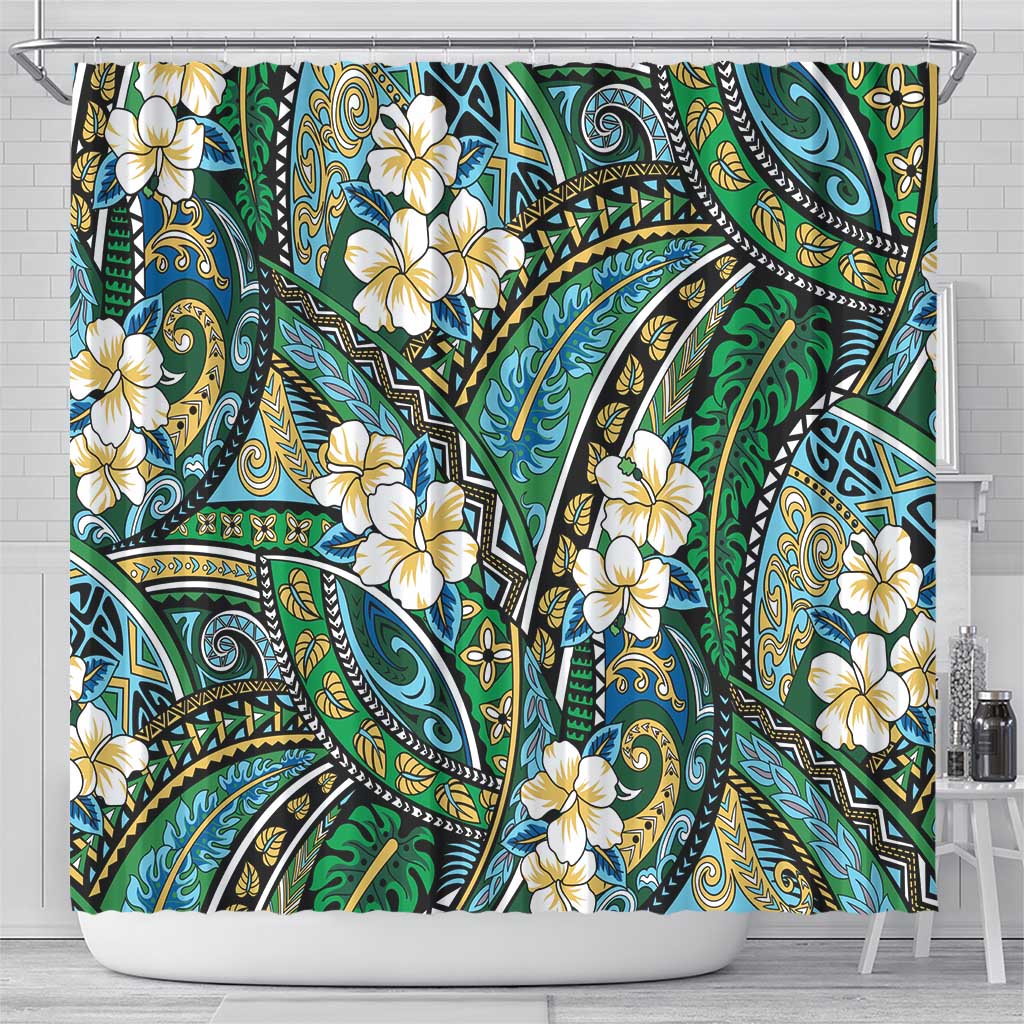 Polynesian Hibiscus Tropical Green Floral Shower Curtain Tribal Pattern - Polynesian Pride