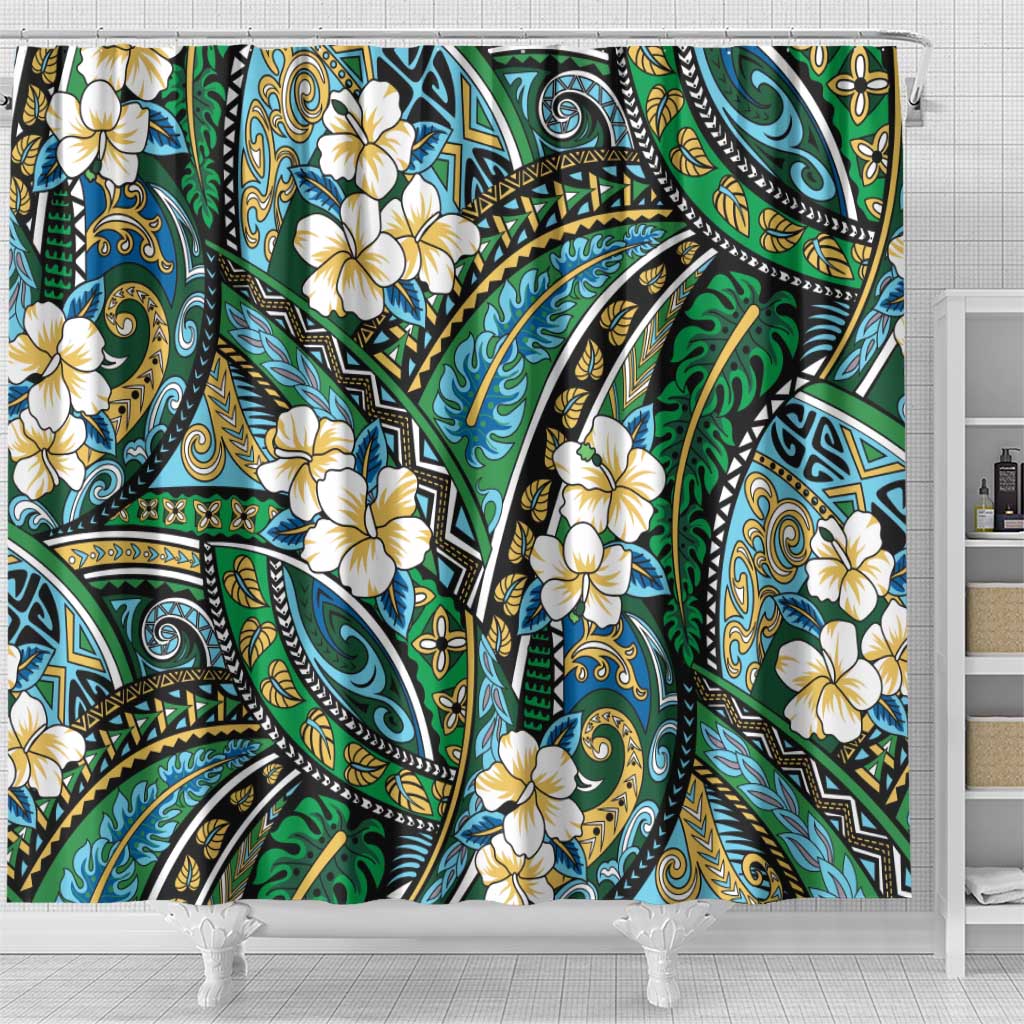 Polynesian Hibiscus Tropical Green Floral Shower Curtain Tribal Pattern - Polynesian Pride